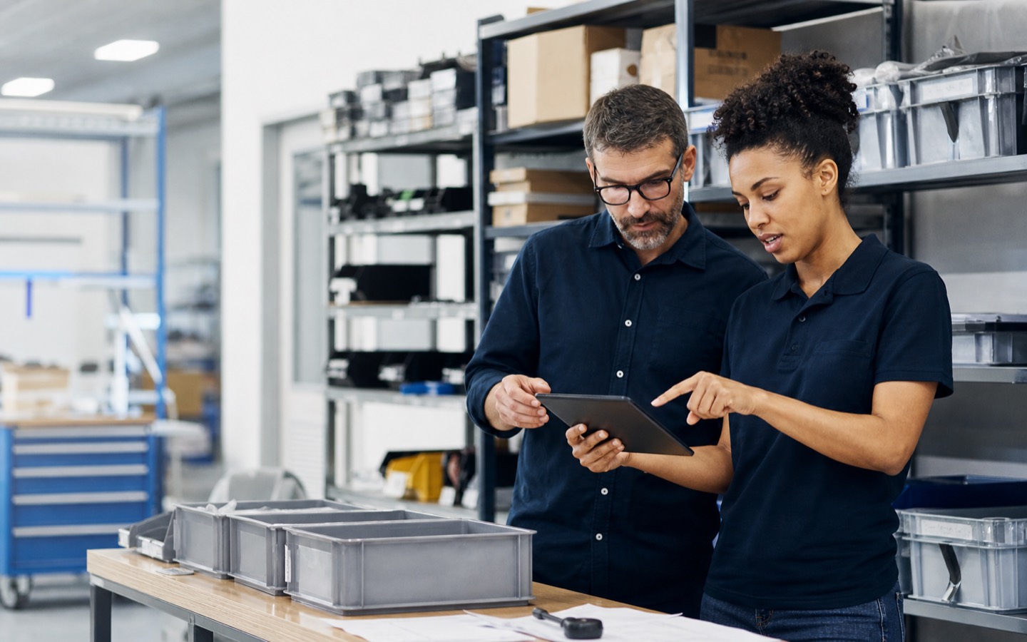 Operations team improving a business workflow with a tablet